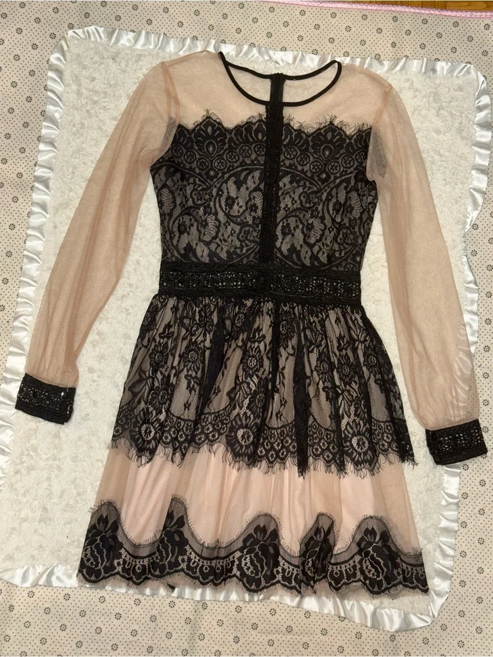 Black & Nude Eyelash Lace Sheer Sleeve Cocktail Dress | Worn Once